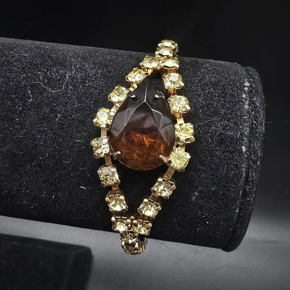 Vintage Faux Amber Champagne Rhinestone Bracelet Glam Costume Jewelry